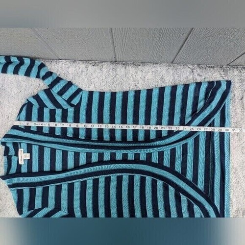 Y2K Coldwater Creek Cardigan Striped Open Front Lg Teal Blue Lightweight Preppy - Picture 8 of 9
