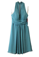 Bill Levkoff ~ Teal Chiffon Pleated V-Neck Sheer Back Party Dress 8 NEW $211