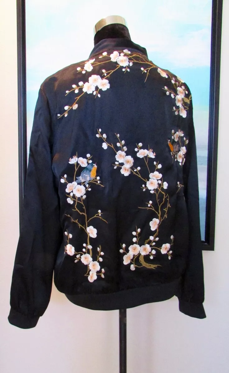 Zara Woman Black Asian Cherry Blossom Embroidered Satin Bomber Jacket Sz M