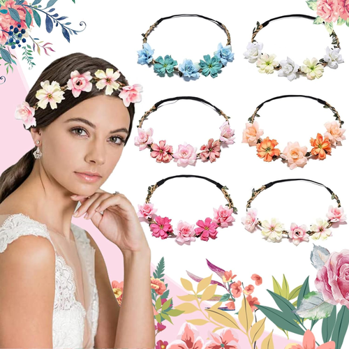 6 Stück Damen Haarband Blumen, Blumenkranz Haare Kinder, Haarkranz Blumen Stirnb - Bild 3 von 7