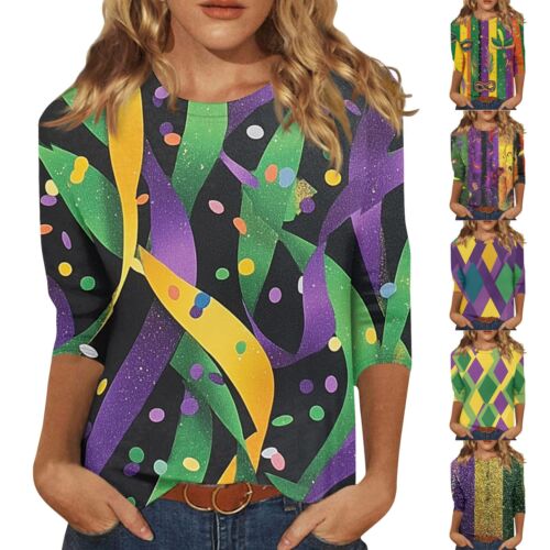 Ladies Round Neck Print 3/4 Sleeve Women's Summer Casual Tops Blouse T Shirt 9
