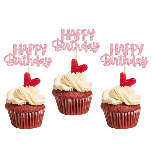 24Pcs Happy Birthday Cupcake Toppers Pink Glitter Celebrating Birthday Cake Pick