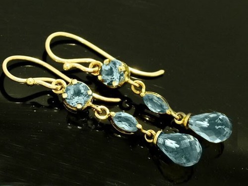E060 Genuine 9ct Yellow Gold NATURAL Topaz Drop Earrings Briolette-cut gem - Picture 3 of 3