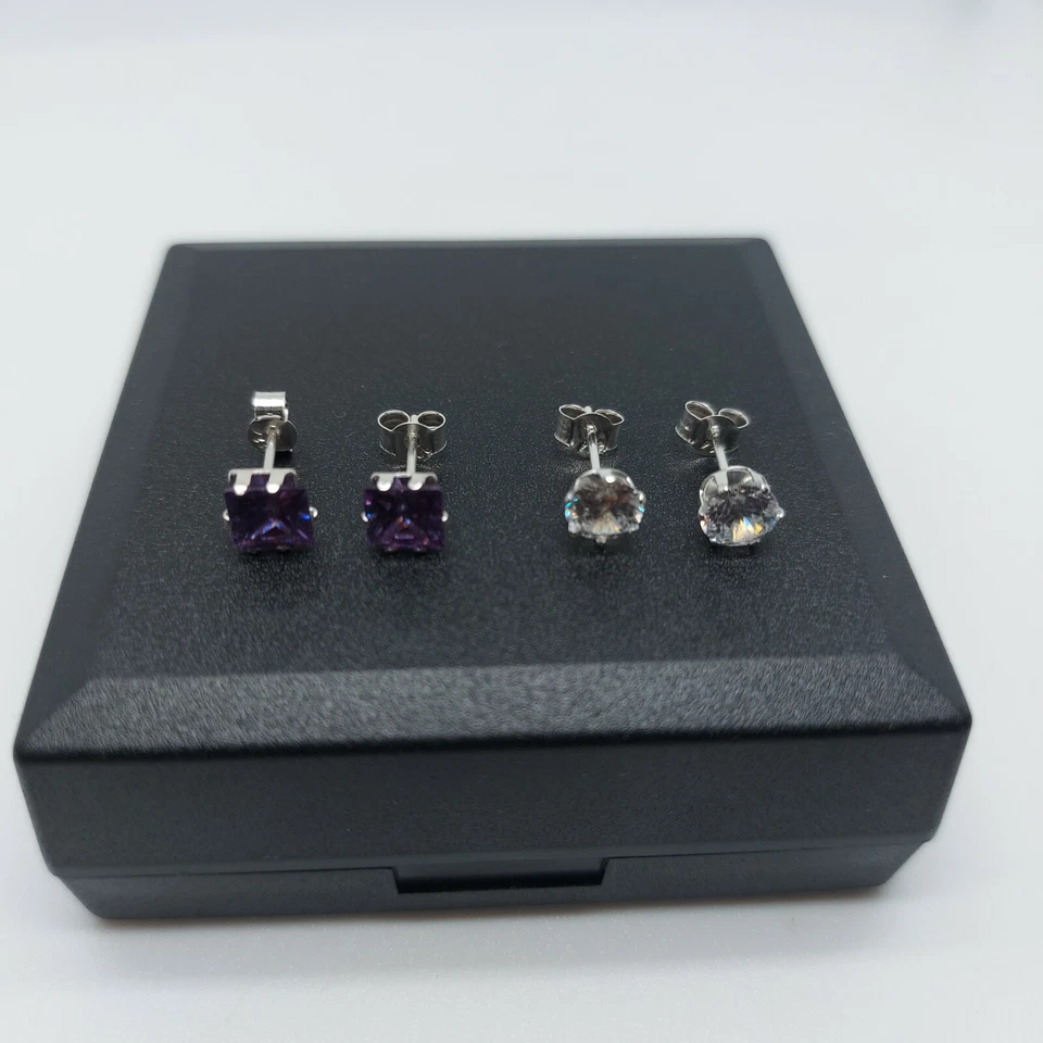 Juego de Regalo de Plata Esterlina Sólida Pendientes de Tachuelas CZ 2 Pares Foto 2 de 2