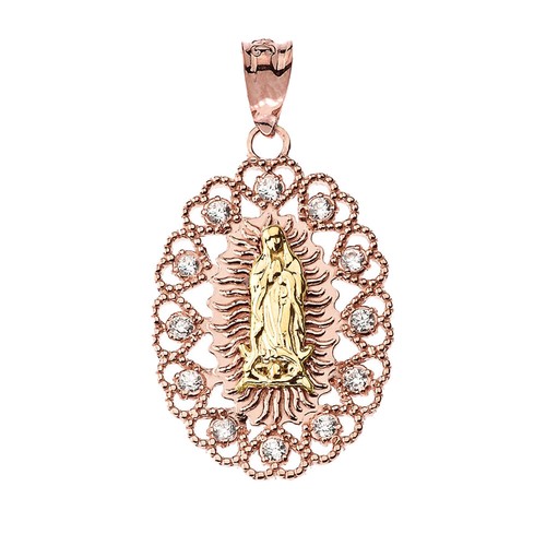 Gold Virgin Mary Lady Of Guadalupe Filigree CZ Pendant Necklace - Picture 31 of 38
