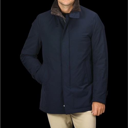 HERNO Navy Blue Faux Fur Lined Nylon Car Coat Men's Size 48 - Picture 10 of 11
