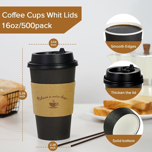 500 Stück 16 Unzen Schwarz Einweg Kaffeebecher mit Deckel & Hüllen für Bequemlichkeit - Bild 4 von 9