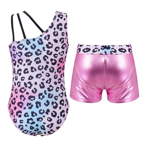 Kids Girls Animal Print Ballet Dance Leotard with Shorts Set Gymnastics Outfit - Picture 46 of 93