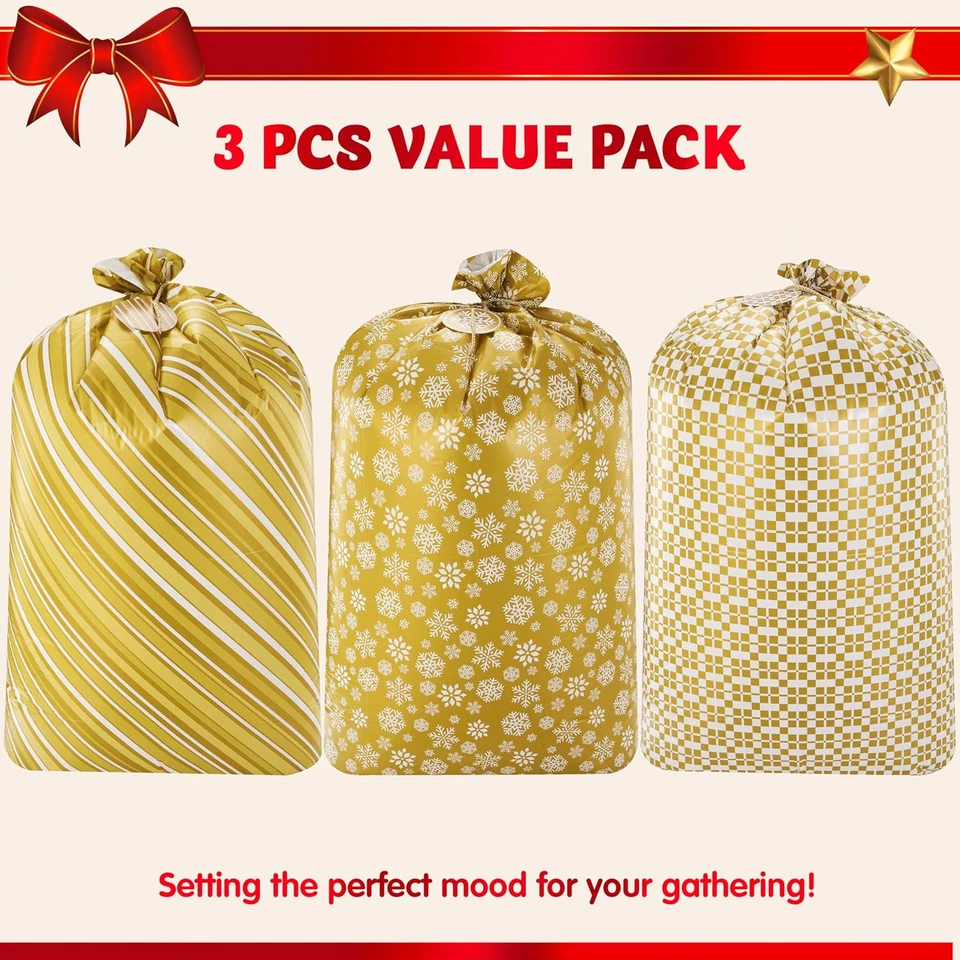 3 PIEZAS 56”X36” Jumbo Bolsas de Regalo Fiestas Dorado para Navidad Grande Vacaciones Plástico Gif Foto 2 de 4