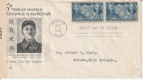 July 7 1942 China to Fiji Islands censor tape FDC First Day Denver Colorado