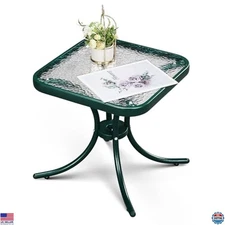 VINGLI 18" Green Square Outdoor Side Table - Weatherproof Steel Frame & Glass