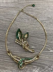Vintage Coro Gold Tone Green White Stone Necklace Pin Costume Jewelry Set