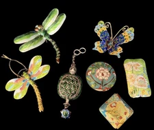 Vintage Cloisonné Enamel Dragonflies Butterfly Ornaments, Turtles Beads