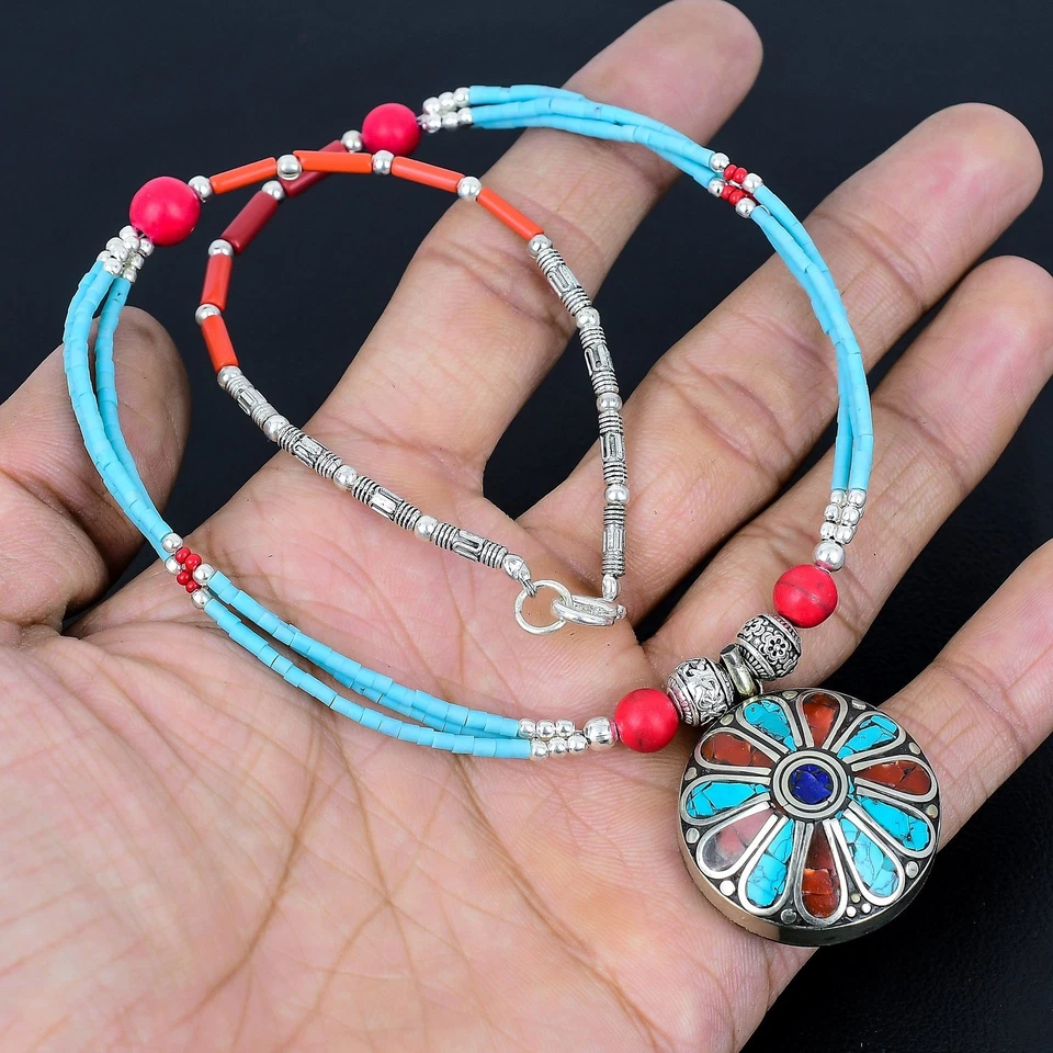 Collana di perline fatte a mano in argento sterling 925 corallo turchese... - Immagine 4 di 4