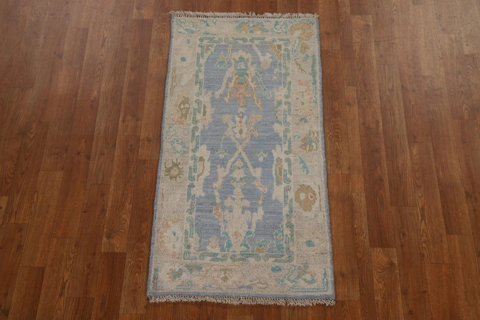 Hand-Knotted Unique Oushak Turkish Rug 2x4 Ft Blue Wool Carpet Transitional Rug - Image 2 of 4
