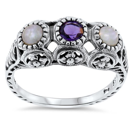 GENUINE AMETHYST PEARL VICTORIAN STYLE 925 STERLING SILVER THREE-STONE RING 151X - Picture 1 of 22