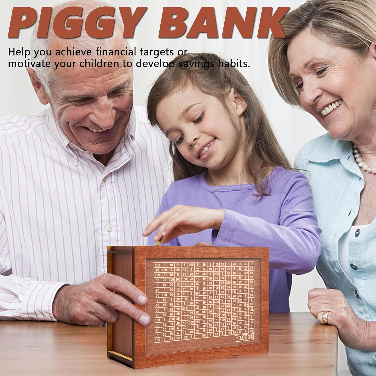 $10000 Cash Vault Wooden Savings Box,Wooden Savings Box with Money Target Numb