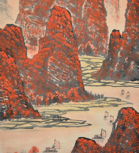 Vintage Chinese Watercolor MAPLE LANDSCAPE Wall Hanging Scroll Painting Li Keran - Picture 5 of 7
