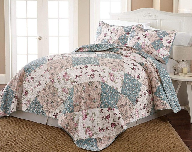 Reversible 100 Cotton Floral Green Blue Patchwork King Queen