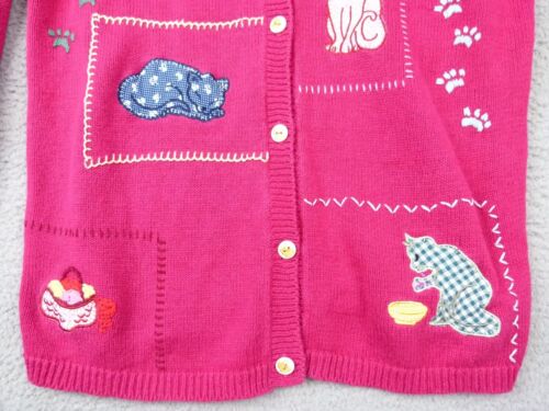 Stitches in Time Womens Small Pink Longsleeve Cardigan w/ Embroidered Cats - Picture 4 of 9
