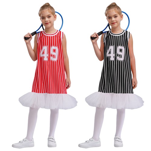 Girls Tennis Golf Dresses Number Print Striped Tank Dress with Tulle Hem Sports - Picture 2 of 13