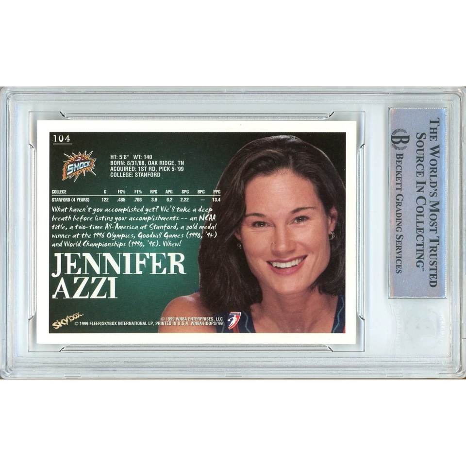Jennifer Azzi Signed 1999 Hoops WNBA #104 Card AUTO Beckett BAS Slabbed Shock - Image 2 of 4