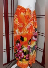 Bathing Suit SARONG Wrap Orange With Palm Trees & Pink Fuschia Flowers! 56x38"