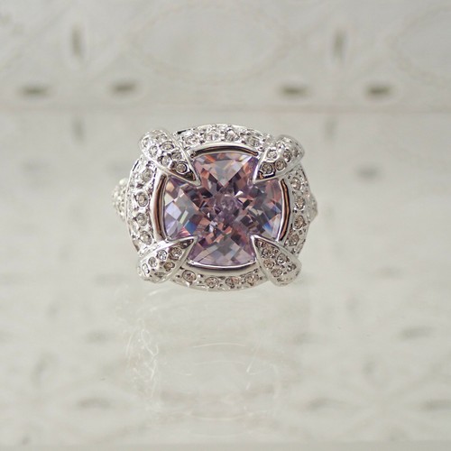 Huge Cushon Cut Lavender CZ Rhodium Plated Size 7 3/4 Cocktail Ring - Picture 6 of 7