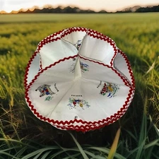 Vintage Cotton Roll Warmer Egg Basket  Madeira Dance Water Scene, Red Border