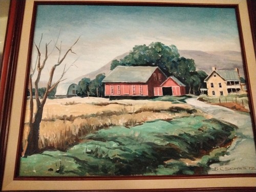 VINTAGE ORIGINAL OIL ON CANVAS BOARD PAINTING RED BARN SCENE 25" X 21" GC - Picture 2 of 10