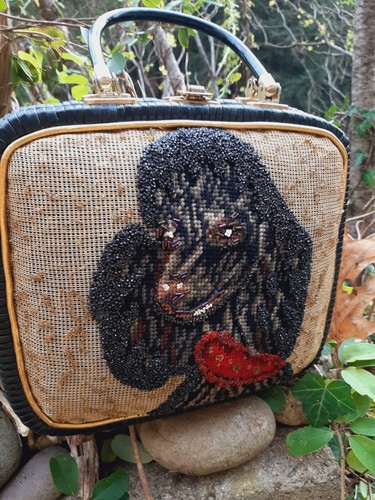 Mid Cent Faye Mell Beaded Needlepoint Wicker Poodle Handbag Fleurette Inc Miami - Picture 6 of 14