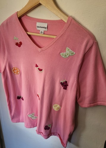 ☆-Vintage90s-☆ Embroidered FRUIT Shirt Tee Top Pink Sz M Adorable Barbiecore - Picture 7 of 11
