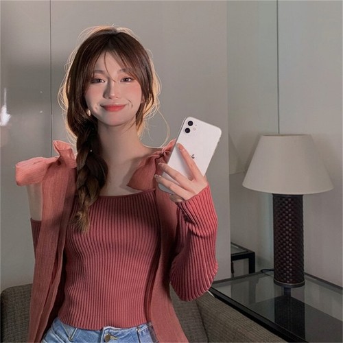 Autumn Women Solid Bow Off Shoulder Long Sleeve Sexy Slim Short Knitted Sweater - Picture 4 of 13