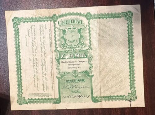 MAPHIS CHEMICAL COMPANY, INC 1909 CERTIFICADO DE STOCK #2 STRASBURG, VIRGINIA - Imagen 2 de 10
