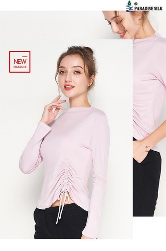 New Autumn Silk Base Shirt Women's Long Sleeve T-shirt Drawstring Slim Fit Tops - Picture 4 of 14