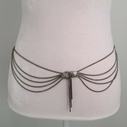 Cinturón Christian Dior Vintage Plateado Multi Hilo Drapeado Cadena Borlas Concho De Colección - Imagen 5 de 12