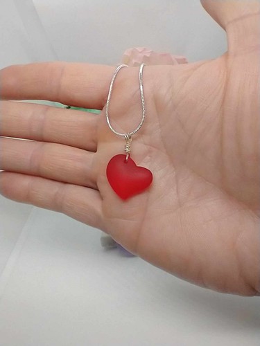 Sea Glass Heart Pendant Necklace, Sterling Silver Snake Chain, Love, Anniversary - Picture 3 of 7