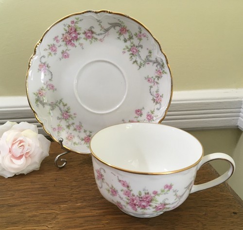 Pretty Pink Roses on Teacup & Saucer by HUTSCHENREUTHER of Germany “RICHELIEU”
