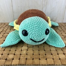 Crochet Large Smiling Sea Turtle Yellow Teal Stuffed Big Eyes