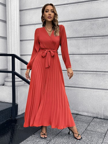 Women Casual Long Sleeve V-Neck Pleated A-Line Long Maxi Dress - Picture 8 of 24