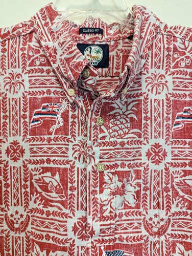 Reyn Spooner Shirt Hawaiian Aloha Shirt Pullover Bandiera USA Uomo XL Rosso Britannico - Foto 11 di 13