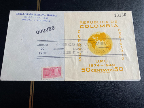 COLOMBIA 1950 UPU 75th Anniv. 50 Centavos Miniature Sheets on 2 First Day Covers - Picture 3 of 4