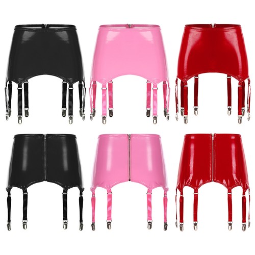 UK Women's Wet Look Garter Belt Slim Skirt Suspenders Garter Belt with 8 Clips - Picture 3 of 18