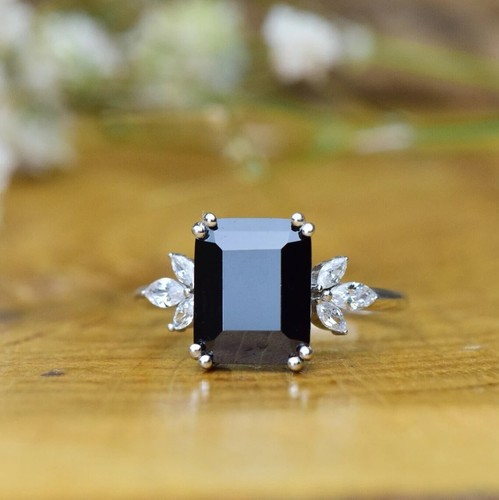 2.50 Ct Emerald Cut Black & White Diamond Engagement Ring 14K White Gold Finish - Picture 2 of 10