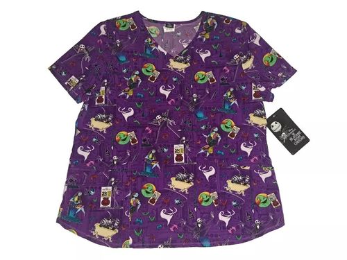 Disney The Nightmare Before Christmas Skellington Women's 2XL V-Neck Scrub Top - Picture 12 of 14