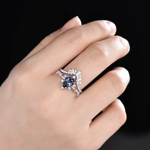 Wedding Ring Set 3.75Ct Pear Cut Created Alexandrite Women 14K White Gold Finish - Picture 3 of 6