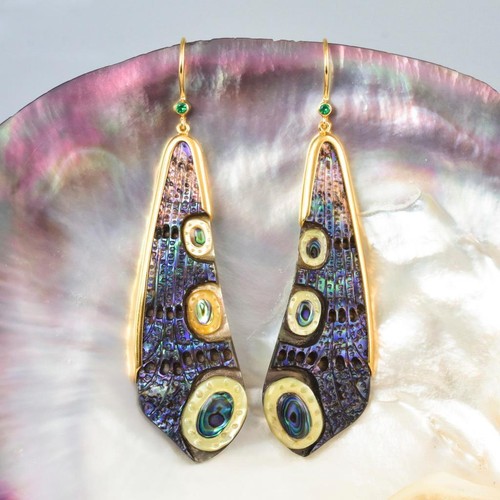 Dragonfly Wing Earrings Abalone Carving Gold Vermeil Sterling Emerald 11.76 g - Picture 1 of 12
