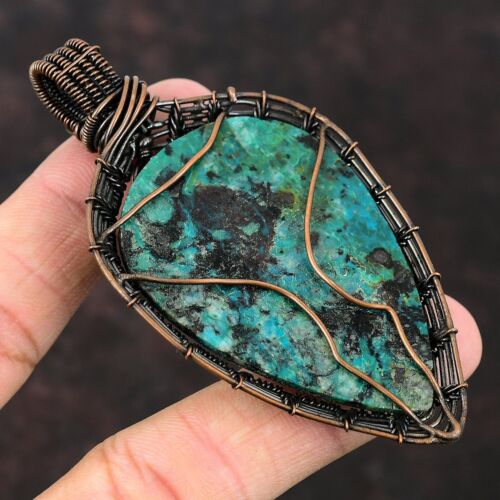 Chrysocolla Jewelry Copper Mom Gift Wire Wrapped Honeycomb Pendant 3.43" - Picture 4 of 6