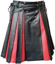 Men Kilt BLACK RED Leather Gladiator Pleated Utility FLAT FRONT Pocket Wrap