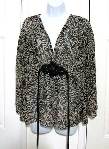 Nicole by N.Miller top beige/black-floral 3/4 sleeve Embellished waist-ties Wm 8 - Picture 3 of 11